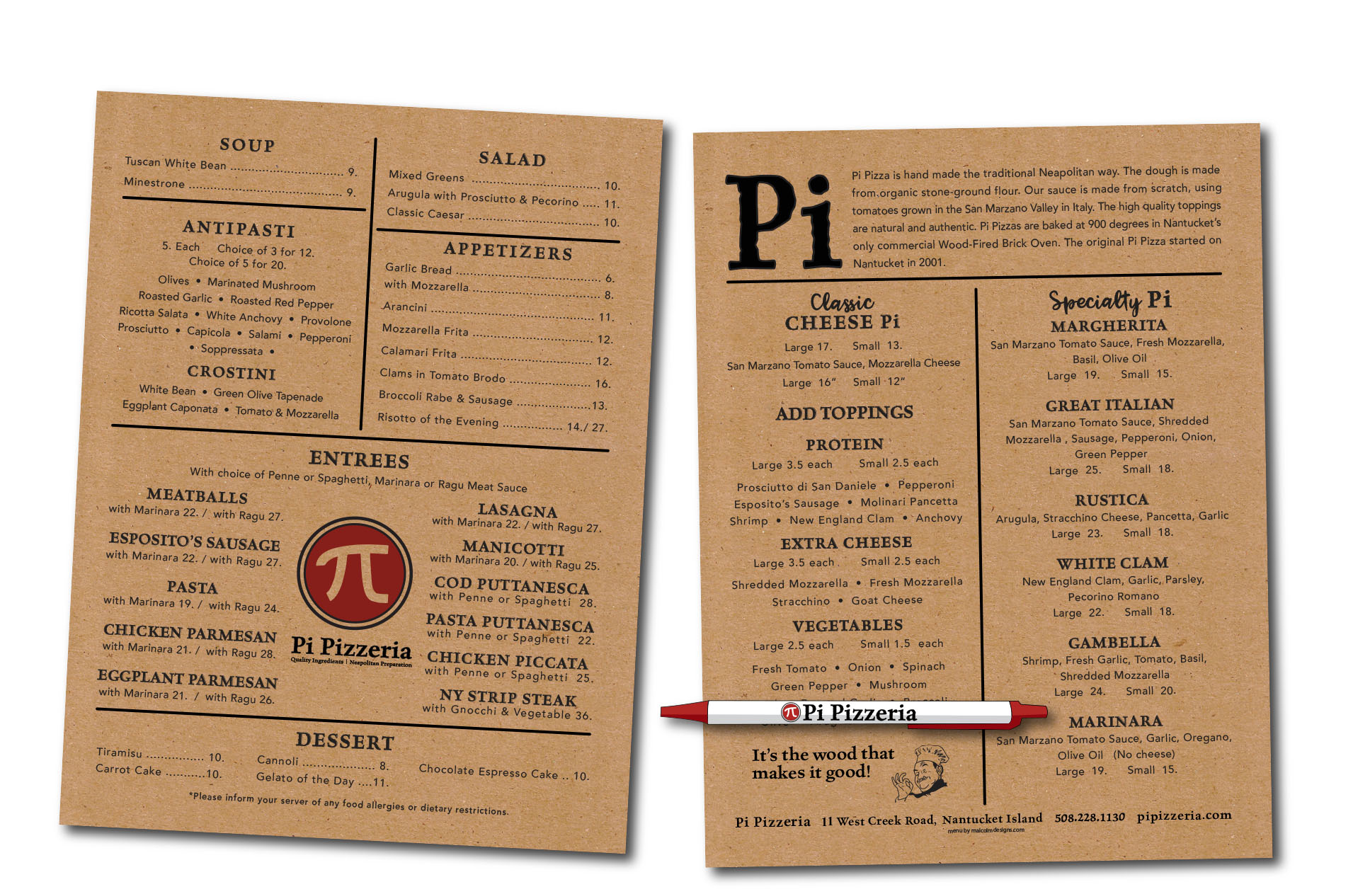 Nantucket Menus Designed for Pi Pizzeria by Malcolm Designs
