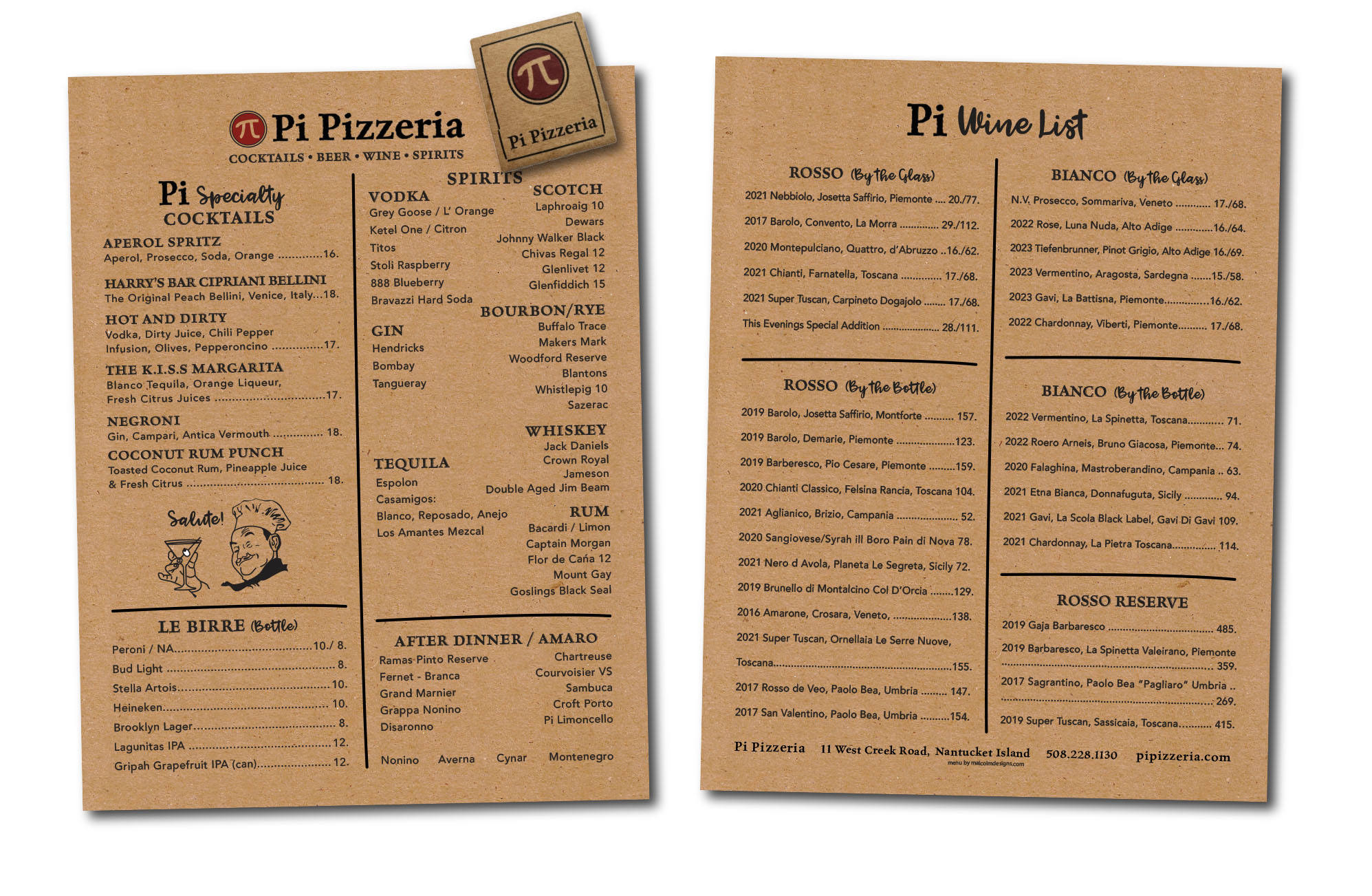 Menu Designs for Pi Pizzeria on Nantucket by Malcolm Designs